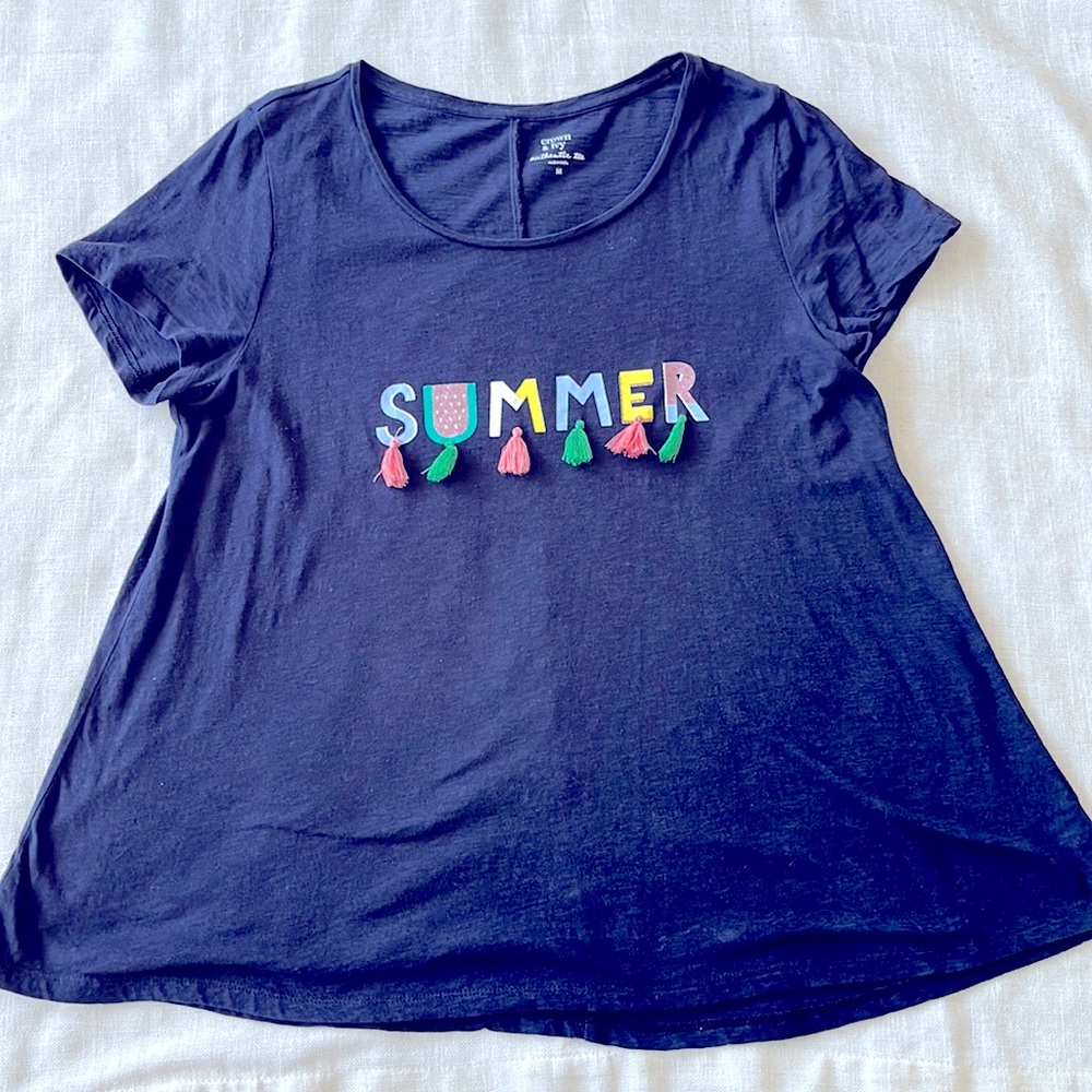 Women’s medium Crown & Ivy navy tee shirt with tassels. Great condition